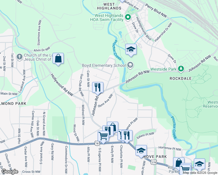 map of restaurants, bars, coffee shops, grocery stores, and more near in Atlanta