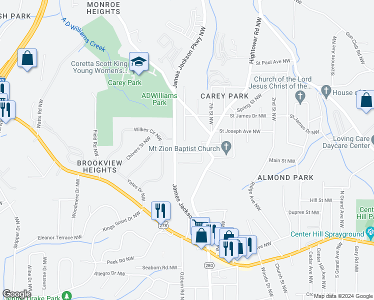 map of restaurants, bars, coffee shops, grocery stores, and more near 2670 Morris Street Northwest in Atlanta