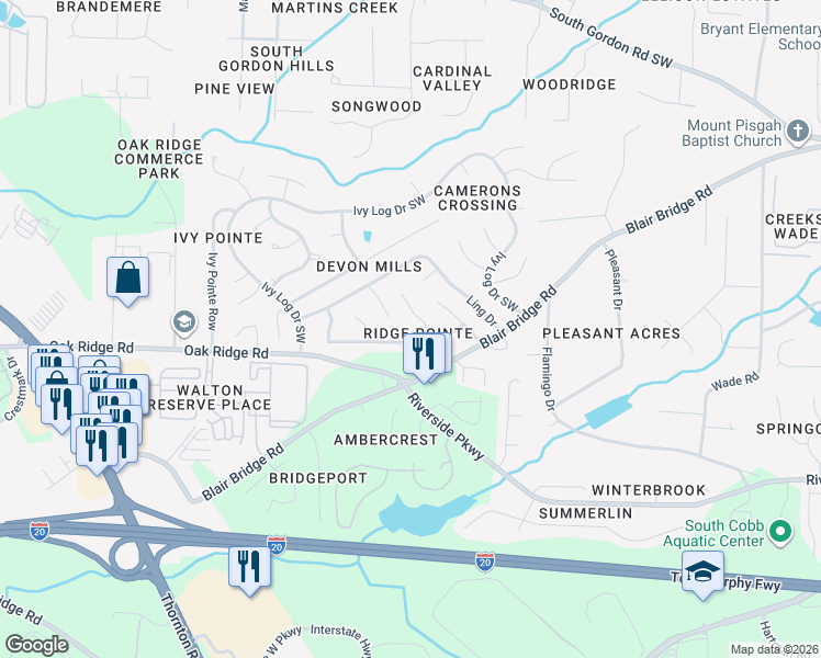 map of restaurants, bars, coffee shops, grocery stores, and more near 1210 Ling Way in Austell
