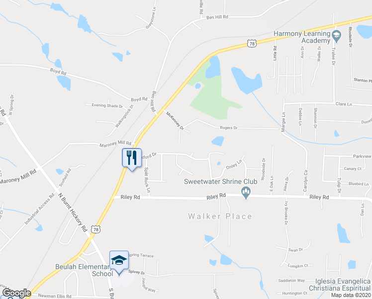 map of restaurants, bars, coffee shops, grocery stores, and more near 3836 Wexford Drive in Douglasville