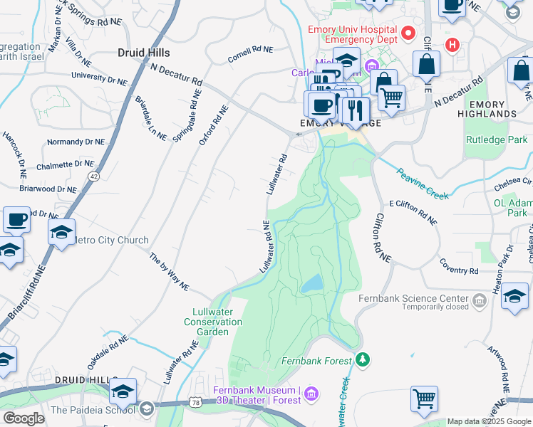 map of restaurants, bars, coffee shops, grocery stores, and more near 1176 Lullwater Road Northeast in Atlanta
