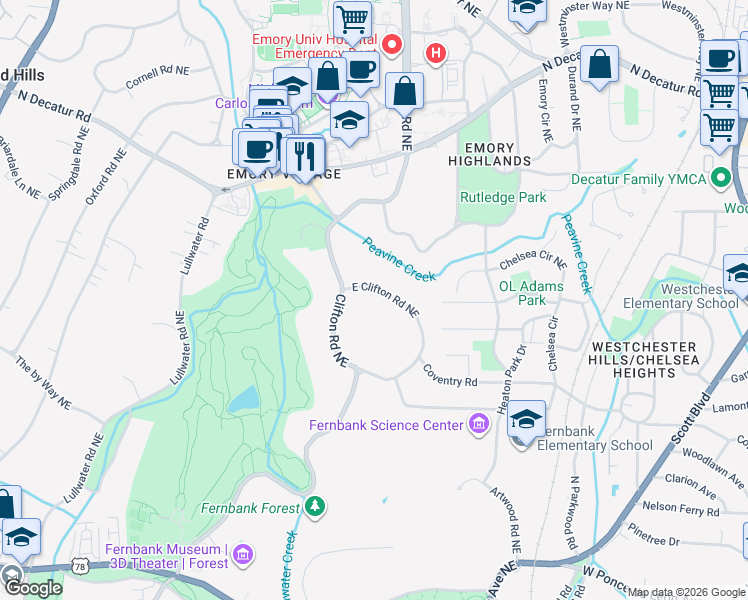 map of restaurants, bars, coffee shops, grocery stores, and more near 1790 East Clifton Road Northeast in Atlanta