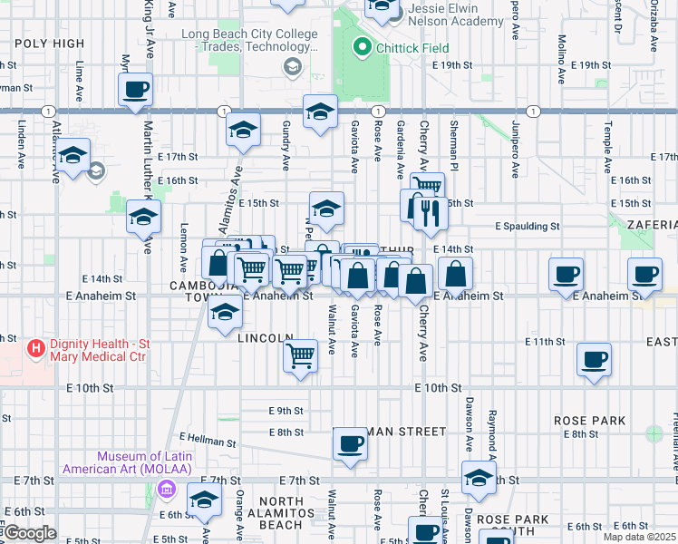 map of restaurants, bars, coffee shops, grocery stores, and more near 1617 East Anaheim Street in Long Beach