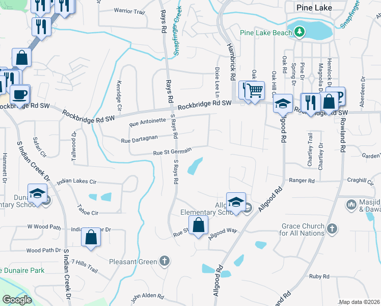 map of restaurants, bars, coffee shops, grocery stores, and more near 4225 Rue Saint Germain in Stone Mountain