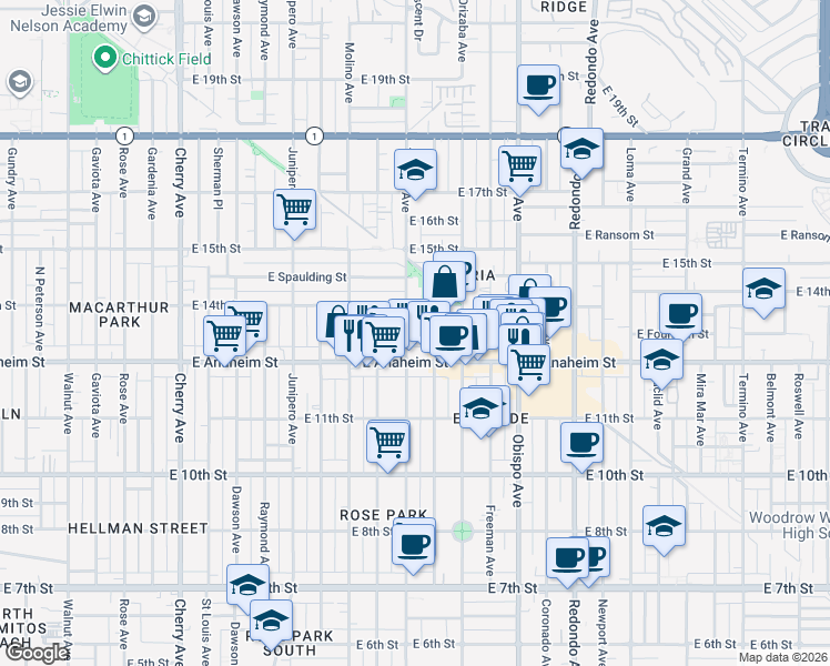 map of restaurants, bars, coffee shops, grocery stores, and more near 1344 Temple Avenue in Long Beach