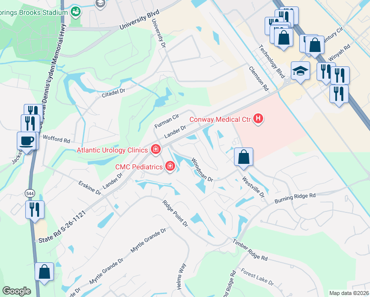 map of restaurants, bars, coffee shops, grocery stores, and more near 672 Woodman Drive in Conway