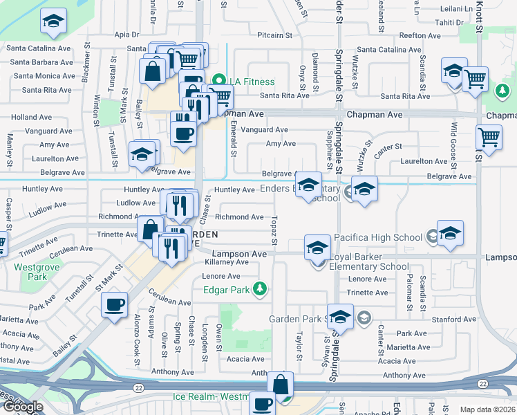 map of restaurants, bars, coffee shops, grocery stores, and more near 6222 Richmond Avenue in Garden Grove