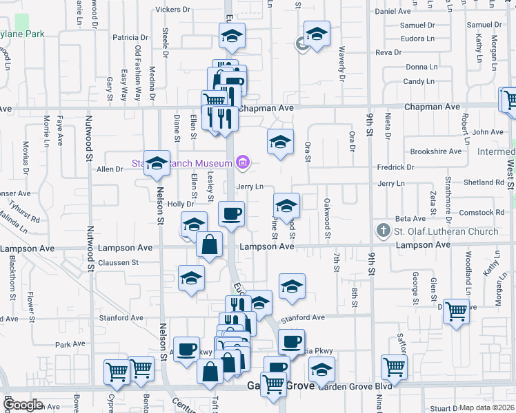 map of restaurants, bars, coffee shops, grocery stores, and more near 11111 Iris Drive in Garden Grove