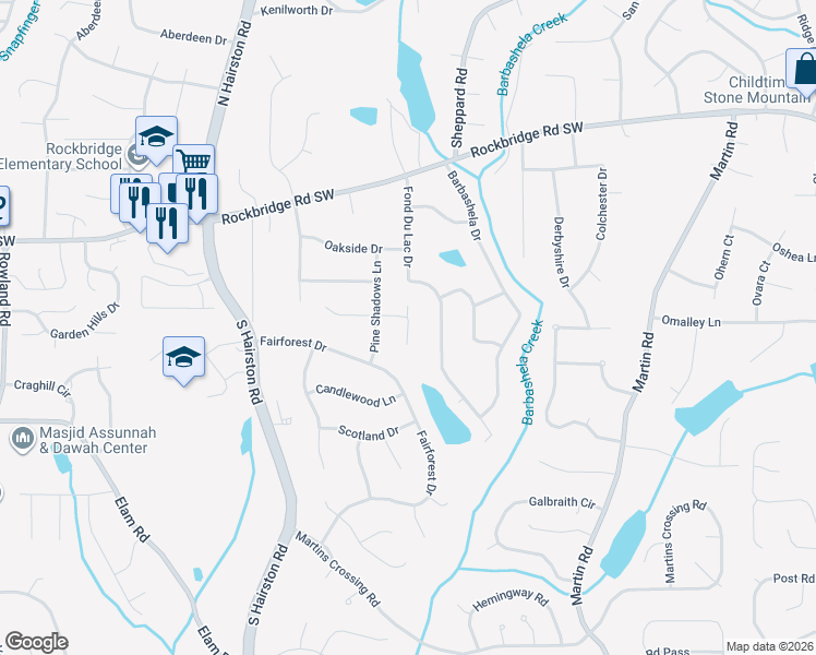 map of restaurants, bars, coffee shops, grocery stores, and more near 4940 East Pinehill Court in Stone Mountain