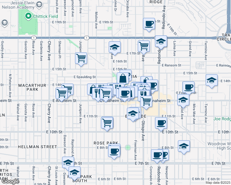 map of restaurants, bars, coffee shops, grocery stores, and more near 2829 East Anaheim Street in Long Beach