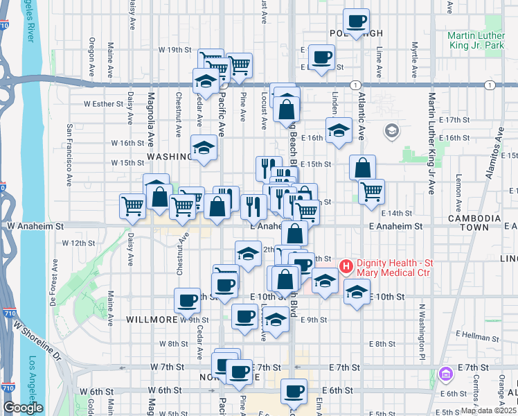 map of restaurants, bars, coffee shops, grocery stores, and more near 203 East Anaheim Street in Long Beach