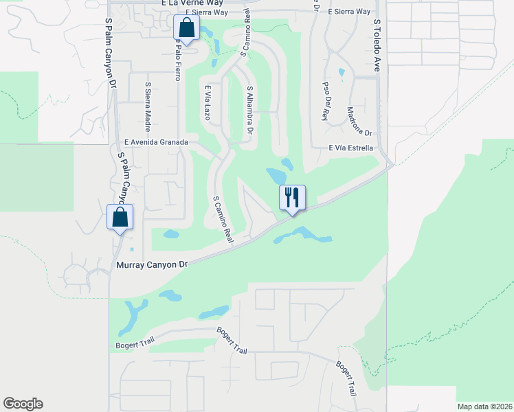 map of restaurants, bars, coffee shops, grocery stores, and more near 2710 Kings Road East in Palm Springs