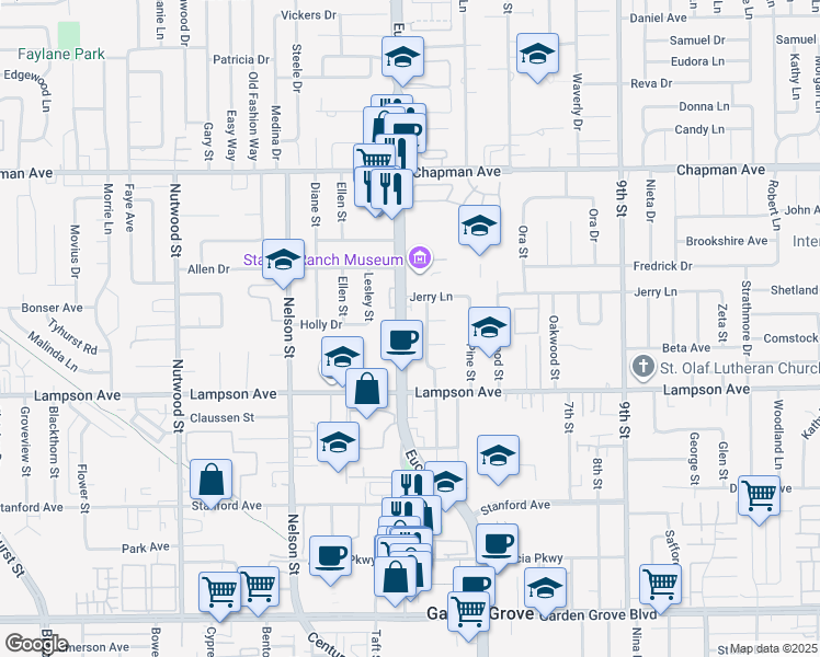 map of restaurants, bars, coffee shops, grocery stores, and more near 12332 Euclid Street in Garden Grove