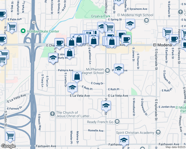 map of restaurants, bars, coffee shops, grocery stores, and more near 3037 East Roberta Drive in Orange