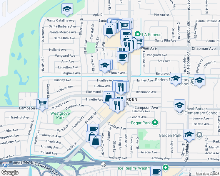 map of restaurants, bars, coffee shops, grocery stores, and more near 5832 Ludlow Avenue in Garden Grove