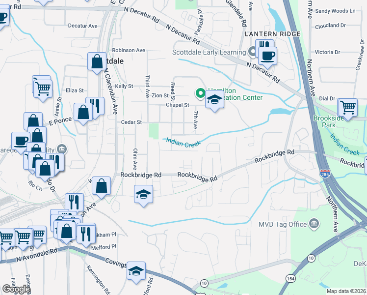 map of restaurants, bars, coffee shops, grocery stores, and more near 3117 Bay Street in Scottdale