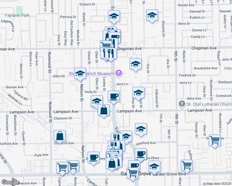 map of restaurants, bars, coffee shops, grocery stores, and more near 12332 Euclid Street in Garden Grove