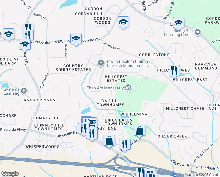 map of restaurants, bars, coffee shops, grocery stores, and more near 7014 ⛉ Bonnes Boulevard in Austell
