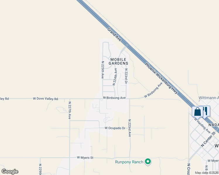 map of restaurants, bars, coffee shops, grocery stores, and more near 22417 West Pleasant Lane in Wittmann