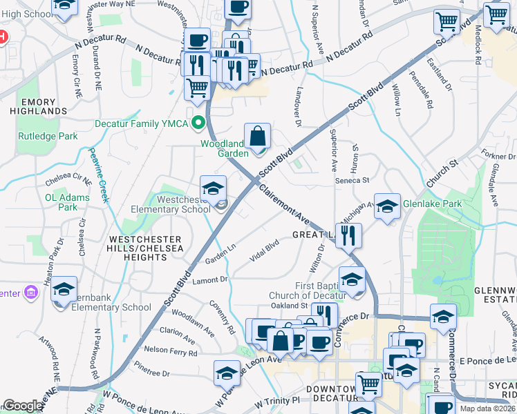 map of restaurants, bars, coffee shops, grocery stores, and more near 767 Scott Boulevard in Decatur
