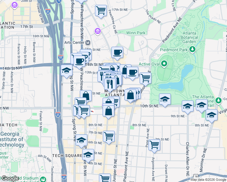 map of restaurants, bars, coffee shops, grocery stores, and more near 1065 Peachtree Road Northeast in Atlanta