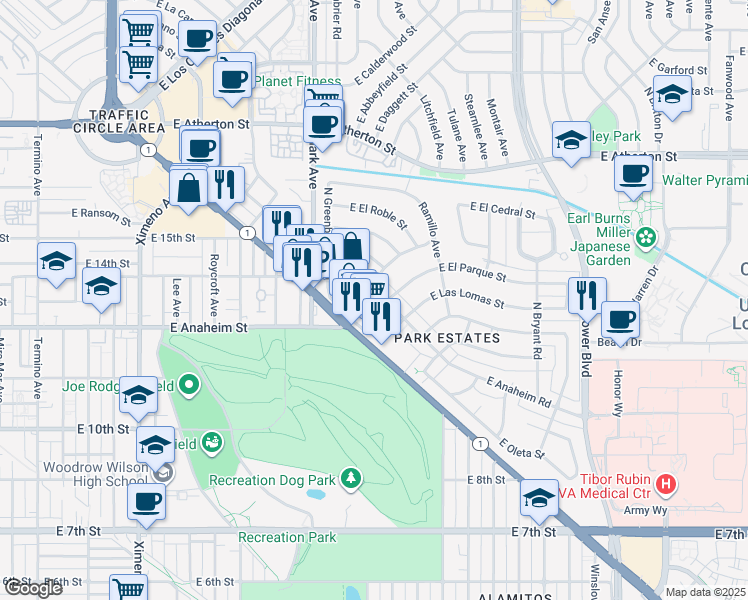 map of restaurants, bars, coffee shops, grocery stores, and more near 5230 East Anaheim Road in Long Beach