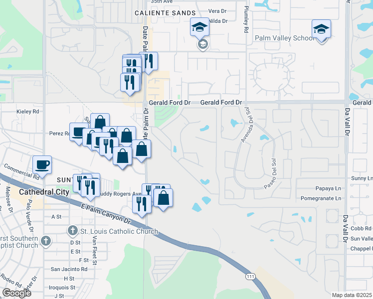 map of restaurants, bars, coffee shops, grocery stores, and more near 159 Estrada Way in Cathedral City