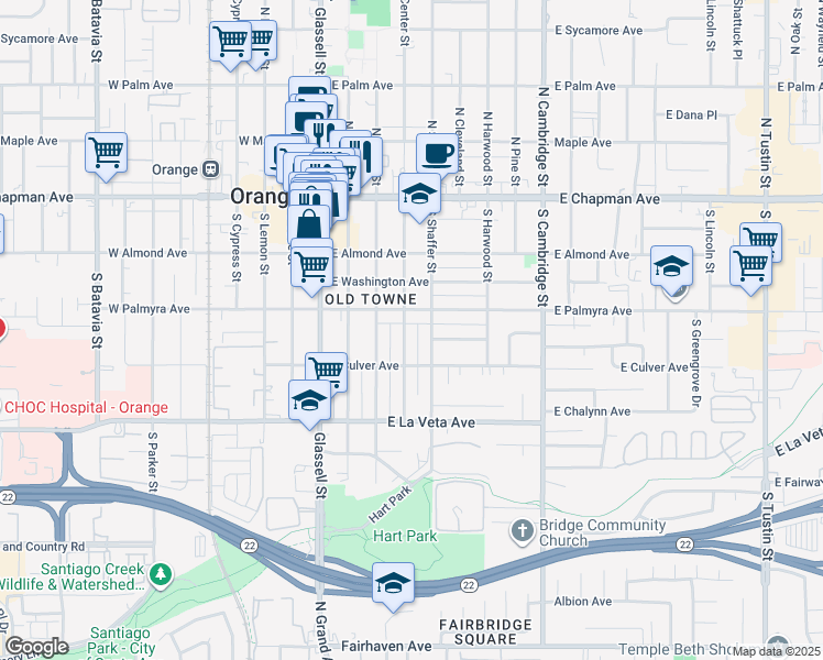 map of restaurants, bars, coffee shops, grocery stores, and more near 335 South Center Street in Orange