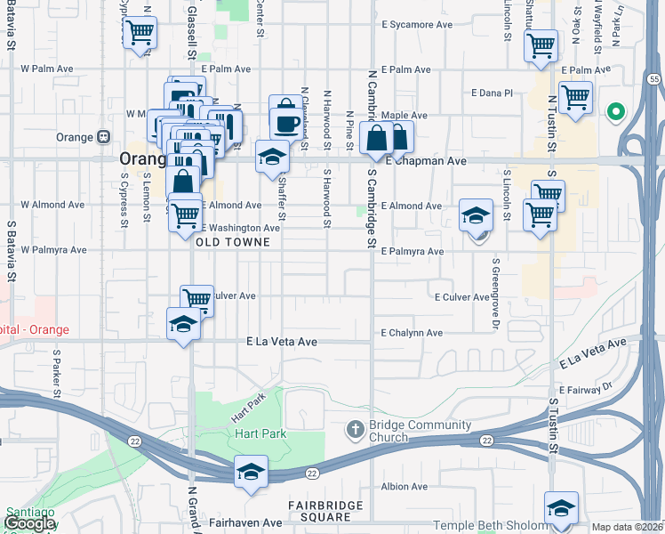 map of restaurants, bars, coffee shops, grocery stores, and more near in Orange