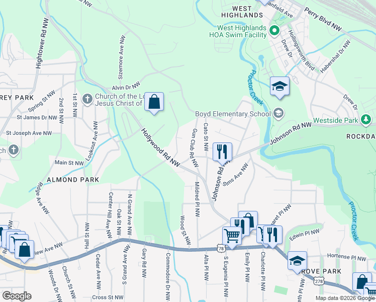 map of restaurants, bars, coffee shops, grocery stores, and more near 1044 Gun Club Road Northwest in Atlanta