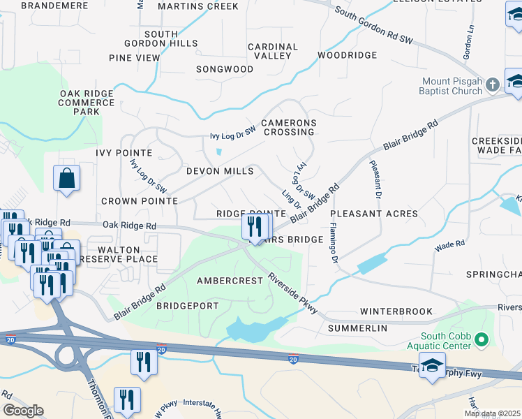 map of restaurants, bars, coffee shops, grocery stores, and more near 1206 Ling Way in Austell