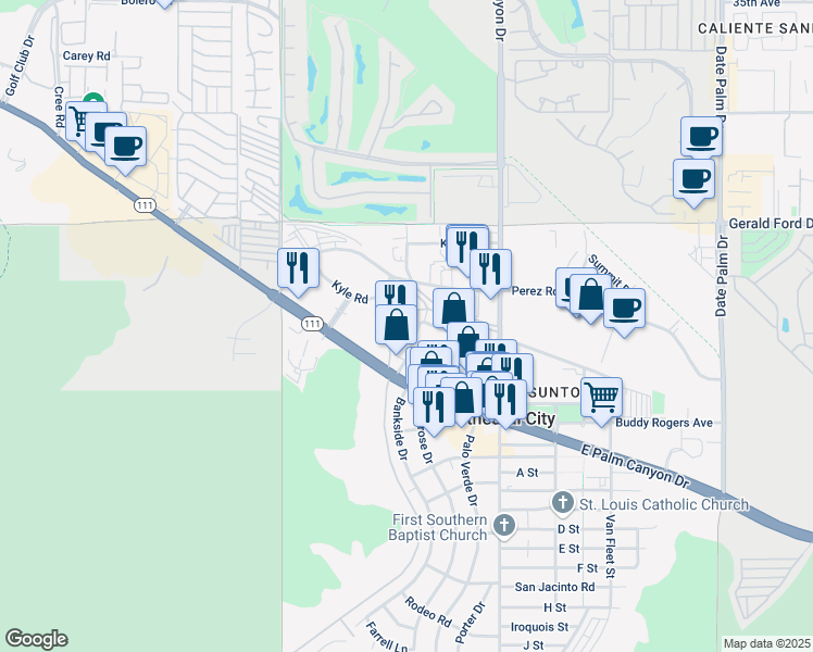 map of restaurants, bars, coffee shops, grocery stores, and more near 36555 Bankside Drive in Cathedral City