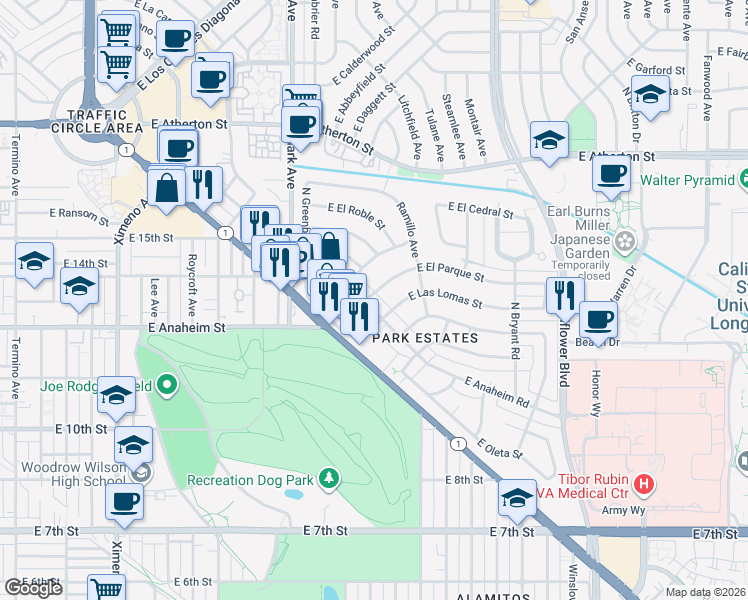 map of restaurants, bars, coffee shops, grocery stores, and more near 5270 East Anaheim Road in Long Beach