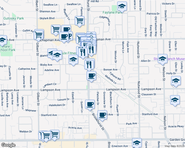 map of restaurants, bars, coffee shops, grocery stores, and more near 12342 Brookhurst Street in Garden Grove