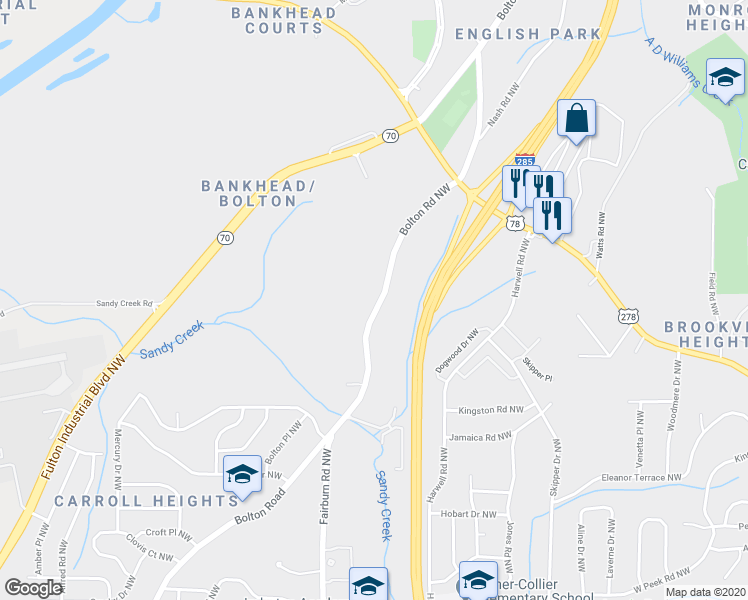map of restaurants, bars, coffee shops, grocery stores, and more near 1020 Bolton Road Northwest in Atlanta