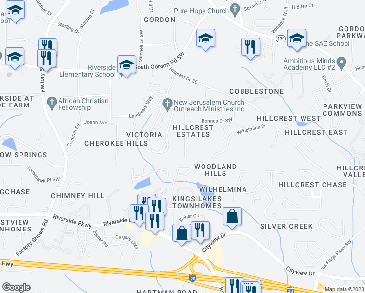map of restaurants, bars, coffee shops, grocery stores, and more near 6998 ⛉ Bonnes Boulevard in Austell