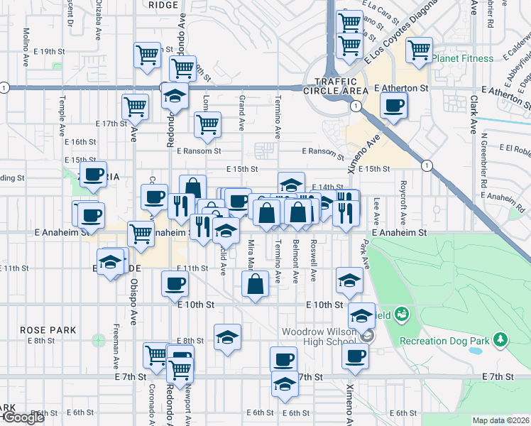 map of restaurants, bars, coffee shops, grocery stores, and more near 1334 Mira Mar Avenue in Long Beach