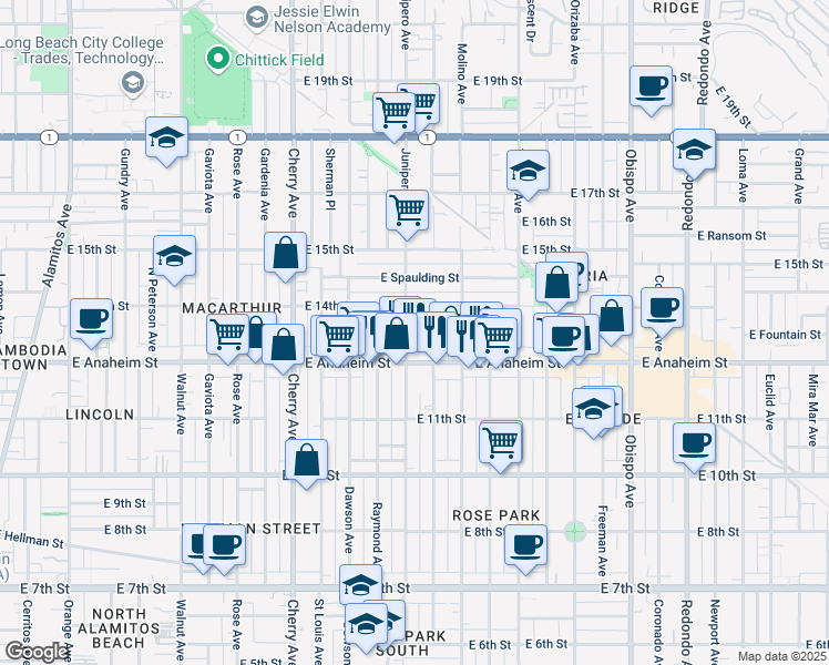 map of restaurants, bars, coffee shops, grocery stores, and more near 1340 Junipero Avenue in Long Beach