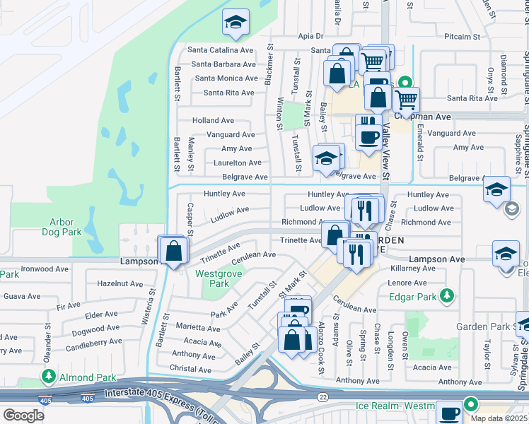 map of restaurants, bars, coffee shops, grocery stores, and more near 5572 Ludlow Avenue in Garden Grove
