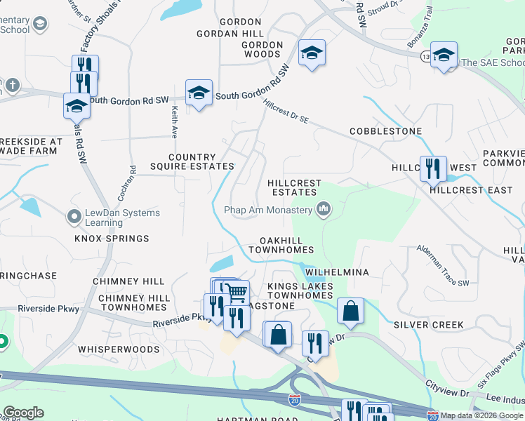 map of restaurants, bars, coffee shops, grocery stores, and more near 7014 ⛉ Bonnes Boulevard in Austell