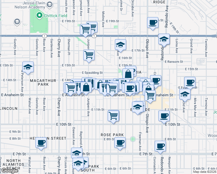 map of restaurants, bars, coffee shops, grocery stores, and more near 1349 Ohio Avenue in Long Beach