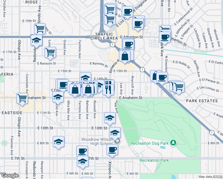 map of restaurants, bars, coffee shops, grocery stores, and more near 1346 Ximeno Avenue in Long Beach