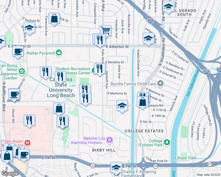 map of restaurants, bars, coffee shops, grocery stores, and more near 6441 East Mantova Street in Long Beach