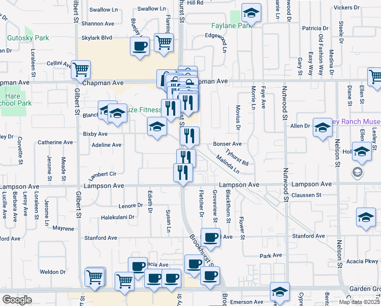 map of restaurants, bars, coffee shops, grocery stores, and more near 12342 Brookhurst Street in Garden Grove