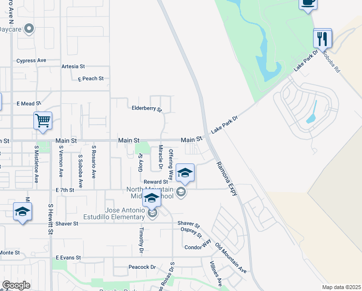 map of restaurants, bars, coffee shops, grocery stores, and more near 1281 Praise Street in San Jacinto
