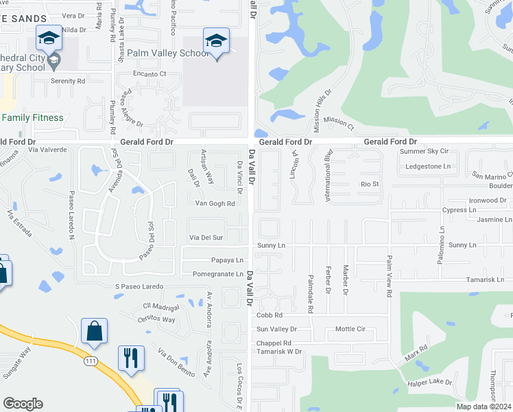 map of restaurants, bars, coffee shops, grocery stores, and more near 24 Vía Elegante in Rancho Mirage