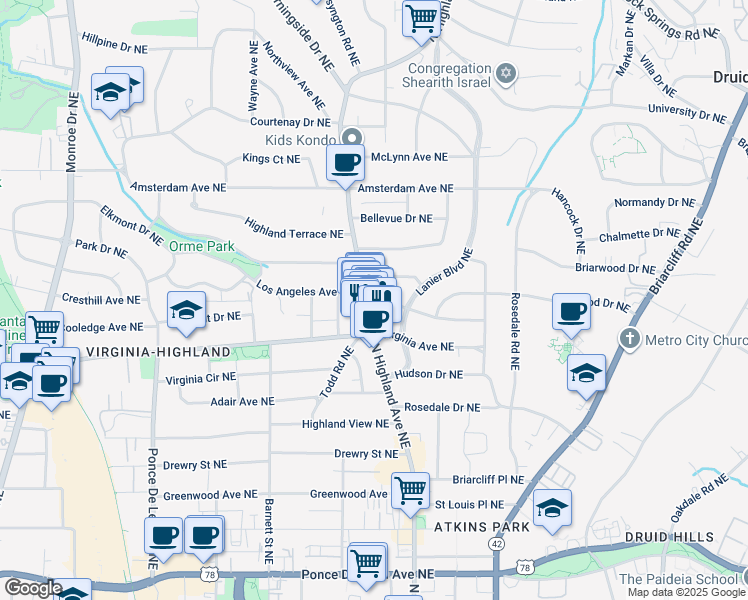map of restaurants, bars, coffee shops, grocery stores, and more near 1063 North Highland Avenue Northeast in Atlanta