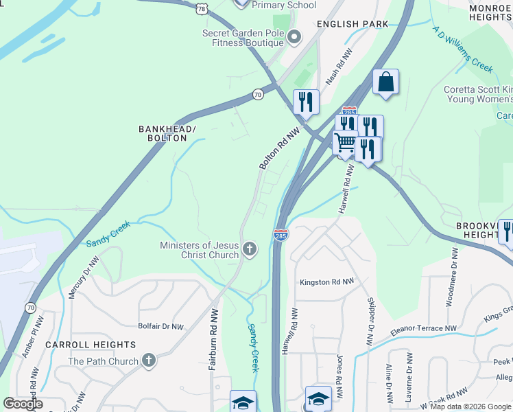 map of restaurants, bars, coffee shops, grocery stores, and more near 1001 Bolton Road Northwest in Atlanta