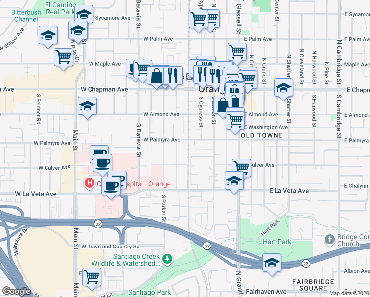 map of restaurants, bars, coffee shops, grocery stores, and more near 512 West Palmyra Avenue in Orange