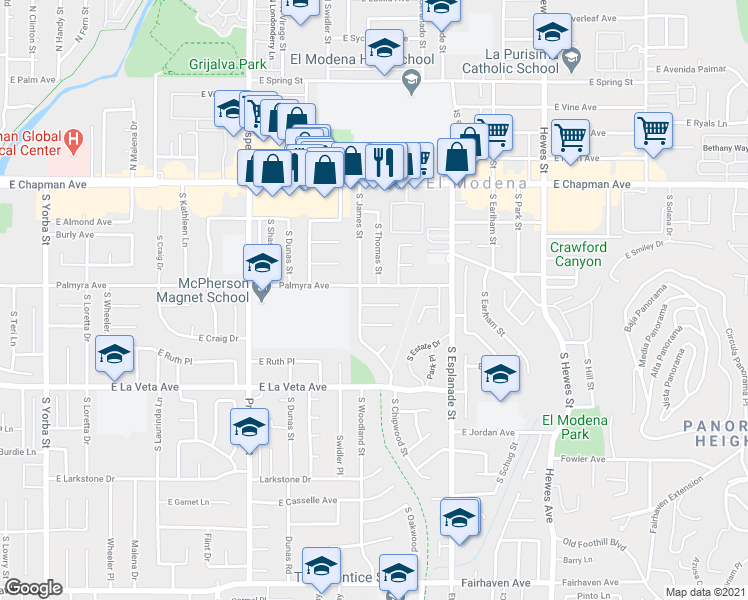 map of restaurants, bars, coffee shops, grocery stores, and more near 3747 East Dorothy Drive in Orange
